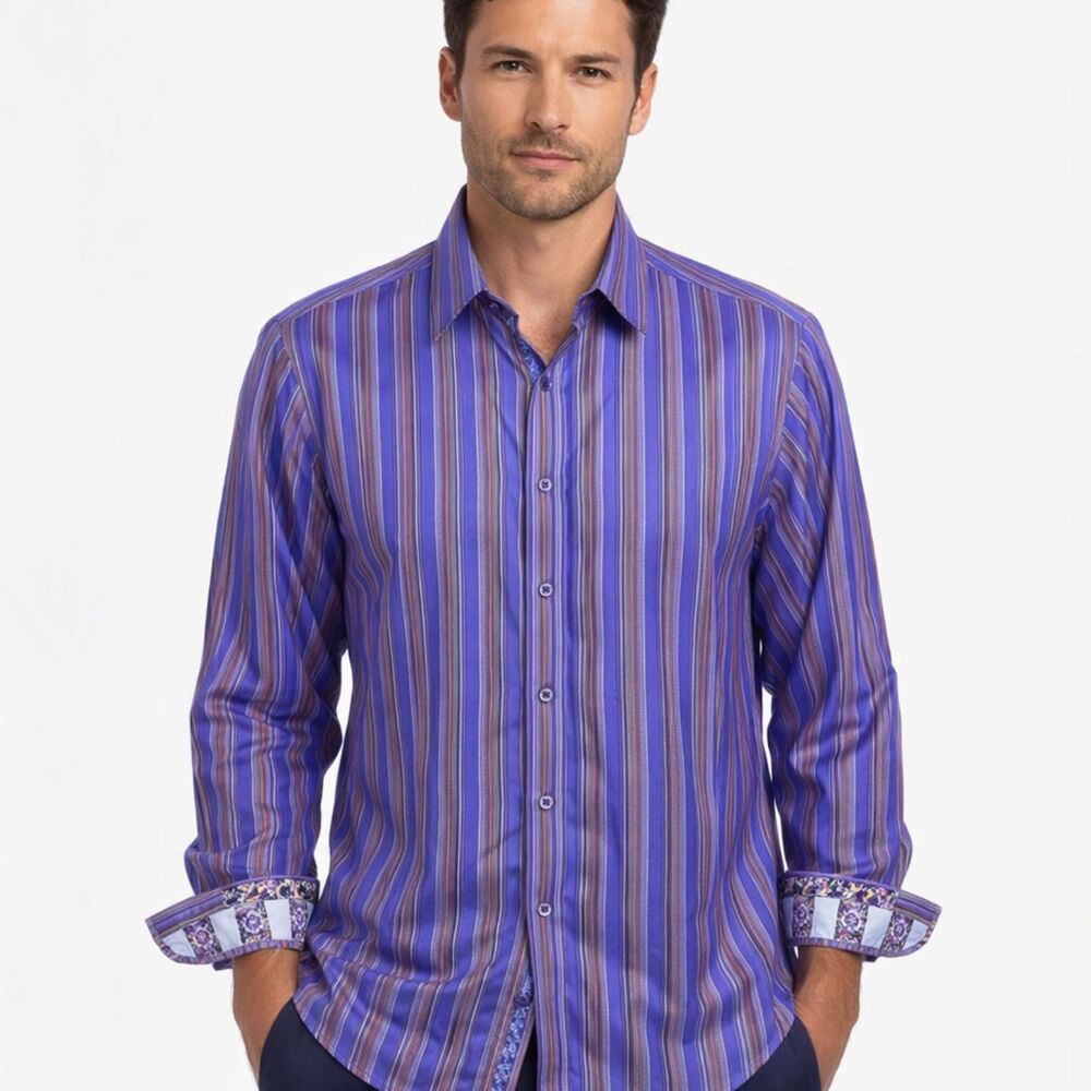 Robert Graham Striped Dress Shirt Mens Size M Silk Embroidered Flip Cuff Artsy